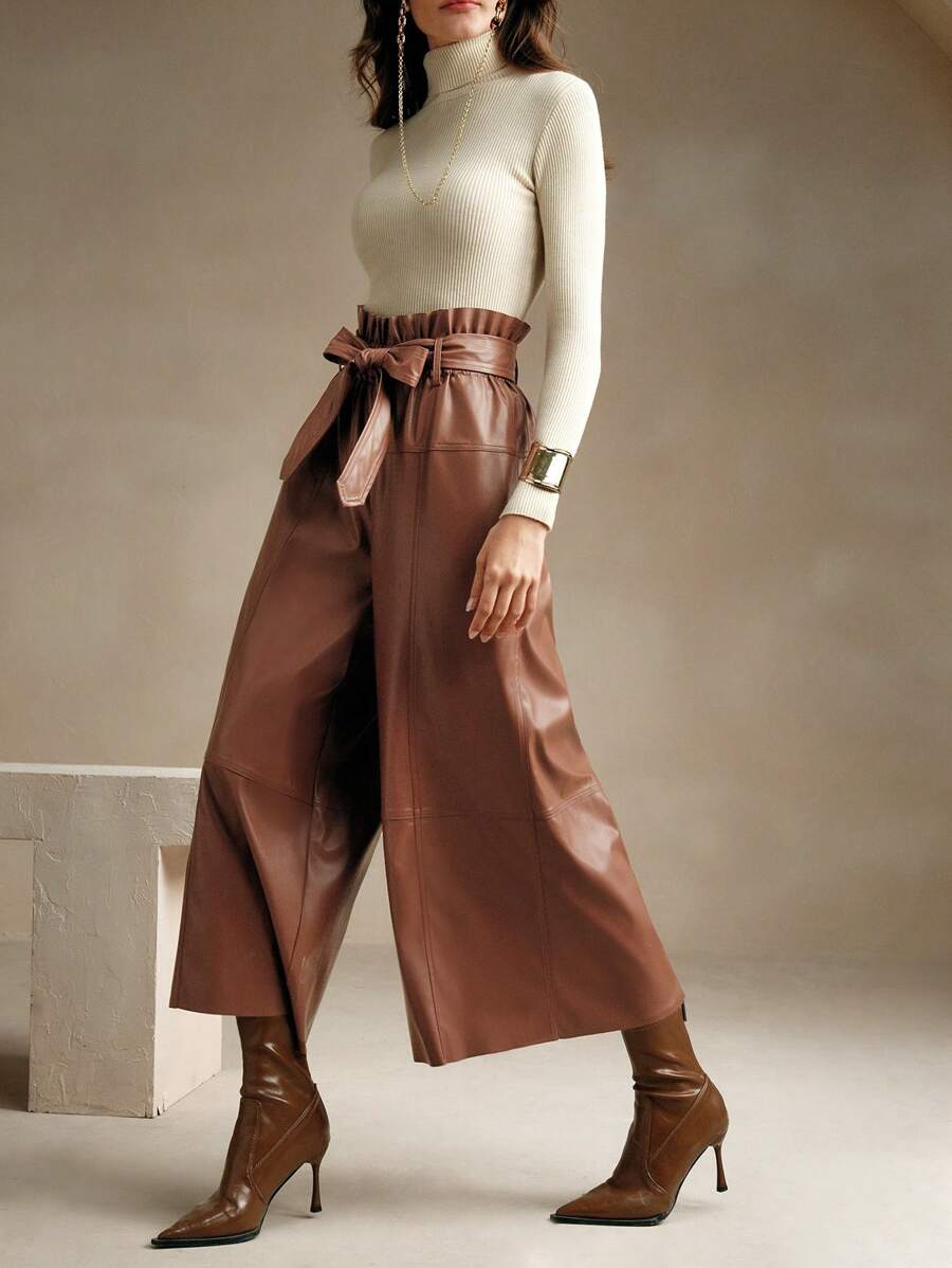 Anewsta 女士棕色休闲高腰阔腿皮裤