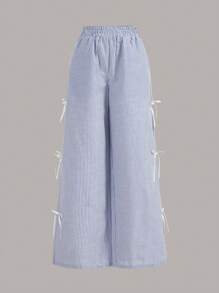 Athîral Quần sọc nữ in họa tiết thắt lưng nơ trang trí thường ngày - Xanh và trắng - Xem 1