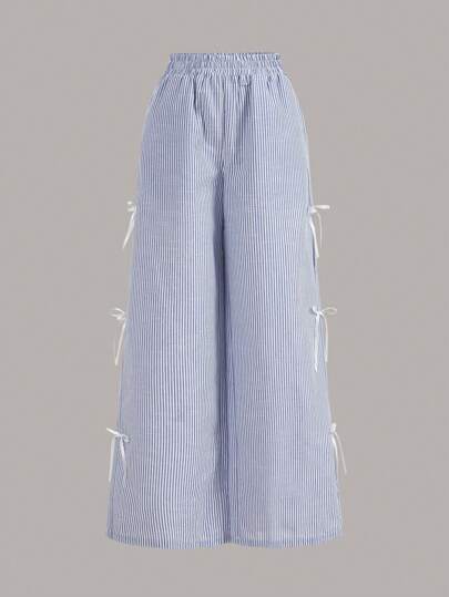 Athîral 女士条纹印花松紧腰蝴蝶结装饰休闲裤