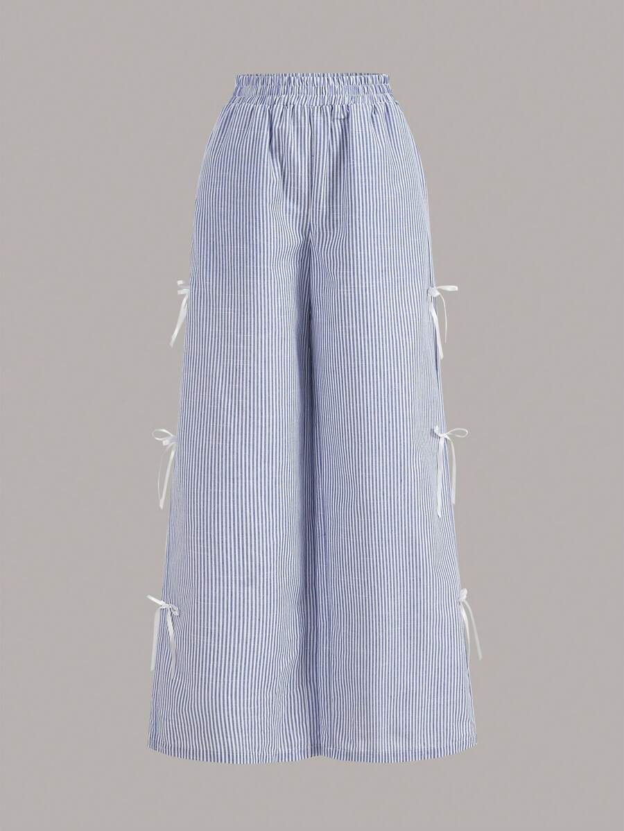 Athîral Quần sọc nữ in họa tiết thắt lưng nơ trang trí thường ngày - Xanh và trắng - Xem 1