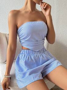 Almamuse 2 件套休闲抹胸条纹背心和口袋短裤套装 - 藍白色 - 查看 7