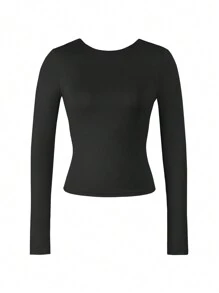 Camiseta deportiva ajustada de manga larga y espalda descubierta para mujer Vaiaye, casual negra para primavera/verano - Negro - Ver 4