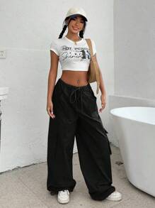 SHEIN EZwear Luźne, luźne spodnie spadochronowe w jednolitym kolorze ze sznurkiem - Czarne - Zobacz 5