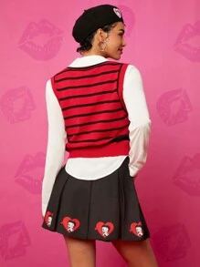 Betty Boop x SHEIN Women's Fall Cartoon Character & Striped Pattern V-Neck Sweater Vest - Red - View 2