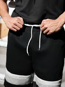 Manfinity Sport Corelite 男士撞色抽绳腰运动短裤健身短裤运动裤黑色短裤 - 黑色 - 查看 5