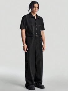 Manfinity RebelGame 男式宽松短袖连体裤和背带裤 - 黑色 - 查看 4