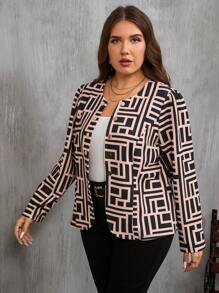 SHEIN Clasi Plus Size Button Geometric Print Long Sleeve Stylish Street Fashion Jacket - Brown - View 4