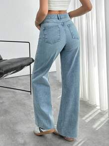 EURMUSE HOGH WAIST STRAIGHT CUT RAW HEM JEAN - Light Wash - View 2