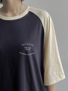 FRIFUL 女士简约休闲拼色圆领短袖T恤超大码T恤 - 藏蓝色 - 查看 5