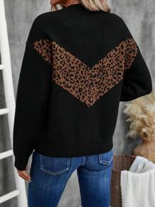 EMERY ROSE Round Neck Long Sleeve Leopard Print Patchwork Casual Top Fall Clothes Women - Black - View 2