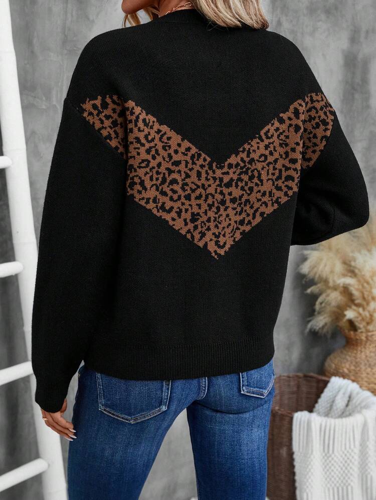 Round Neck Long Sleeve Leopard Print Patchwork Casual Top Fall Clothes Women