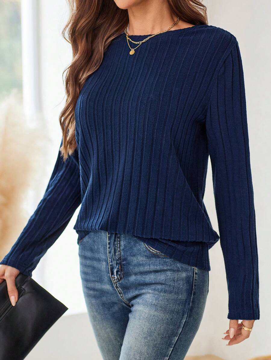 EMERY ROSE Fall Women Clothes Dark Blue Round-Neck Long-Sleeve T-Shirt For Autumn
