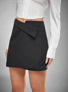 Hauture 不对称褶皱腰迷你商务休闲裙 - 黑色 - 查看 7