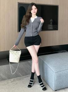 Dazy X KIMYOUJUNG Collection Women's Solid Color Simple Casual Long Sleeve Cardigan,Fall Clothes - Grey - View 2