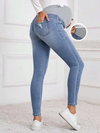 SHEIN 孕妇纯色拼布多口袋破洞牛仔裤，日常休闲，孕妇装