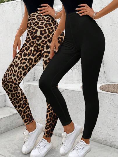 SHEIN LUNE 2pcs Ladies Casual Leopard Print Leggings Fall Clothes,Casual
