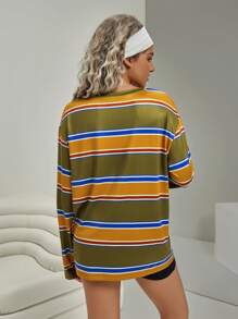 VARSITIE Casual Loose Women's Color Block Stripe Print Long Sleeve T-Shirt