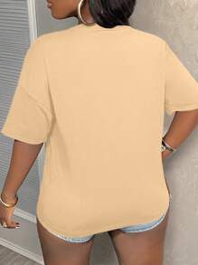 Slaydiva Casual Chic Simple All-Match Sexy Slim Graphic Print Crew Neck Loose Crop Top T-Shirt For Women, Summer - Camel - View 2