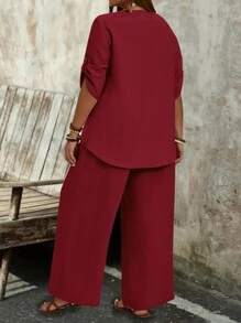EMERY ROSE 2pcs Set Plus Size Solid V-Neck Mid Long Sleeve Simple Top And Pants - Burgundy - View 2