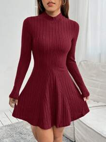 SHEIN PETITE Vestido de mujer de punto acanalado con cuello de tortuga para primavera - Burdeos - Ver 4