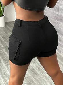SHEIN Unity Women Solid Color Pocketed Tight Fit Denim Shorts, Summer - Black - View 2