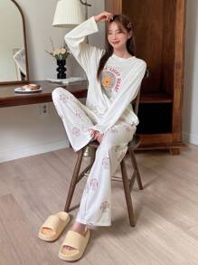 DAZY Cute Bear Letter Print Loose Fit Long Sleeve Top And Pants Pajama Set