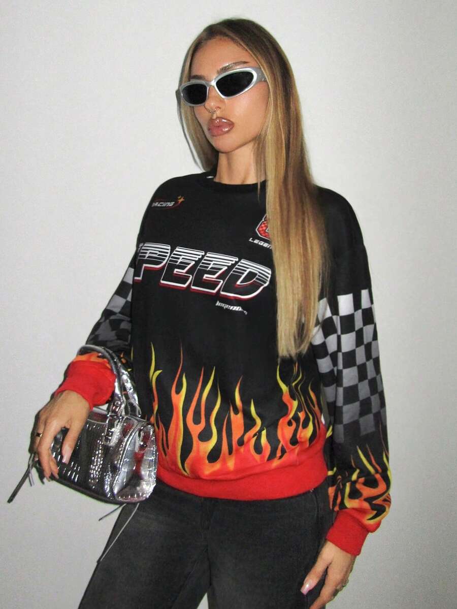 SHEIN ICON Áo nỉ dáng rộng cổ tròn in hình ngọn lửa Checkerboard - màu đen - Xem 1