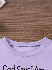 Young Girls Cute Animal & Plant Graphic English Slogan Round Neck T-Shirt - Purple - View 4