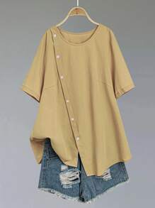 大码纯色圆领短袖前扣简约衬衫，休闲日常装 - 黃色 - 查看 1