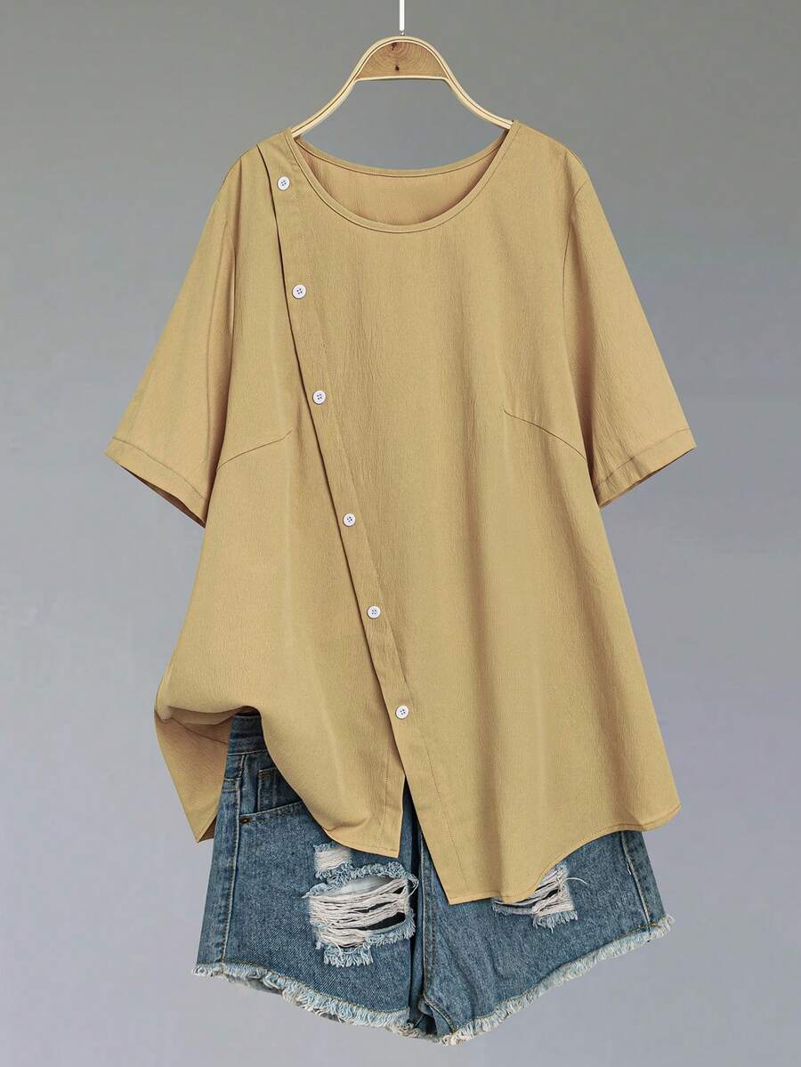 大码纯色圆领短袖前扣简约衬衫，休闲日常装 - 黃色 - 查看 1
