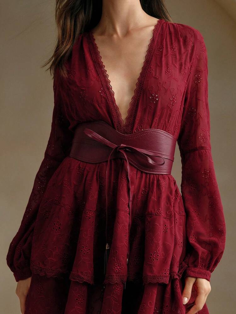 Women Deep V-Neck Solid Color Waisted Long Sleeve Casual Dress Burgundy Maxi Women Outfit