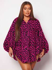 SHEIN SXY Plus Size Women's Leopard Print Lantern Sleeve Curved Hem Shirt, Suitable For All Seasons, Date Night, Birthday, Bachelorette Party, Casual, Shopping, Streetwear, Going Out, Vacation, Easy To Match&Looks Slim, Flatter The Figure