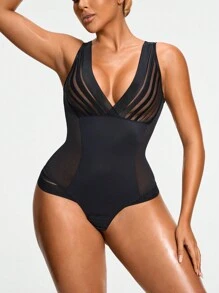 SHAPORA 女士纯色 V 领网眼拼接透视露背无袖连体塑身衣