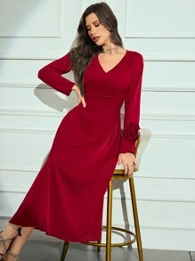 Modelyn Robe casual à manches longues avec décor floral de unicolore simple pour femmes - Rouge - Voir 1