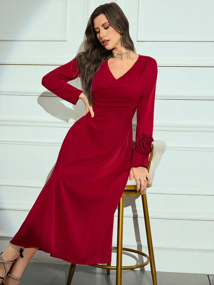 Modelyn Robe casual à manches longues avec décor floral de unicolore simple pour femmes - Rouge - Voir 1