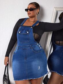 CovetEZ Plus Size Solid Color Pocket Distressed Frayed Edge Pinafore Denim Dress - Dark Wash - View 6