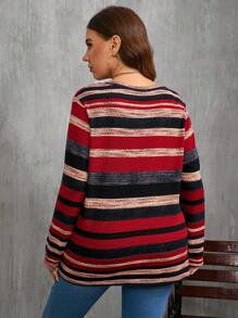 SHEIN Clasi 大码秋季女式杏色 V 领纹理小格子面料休闲长袖教师 T 恤秋季 - 酒紅色 - 查看 2