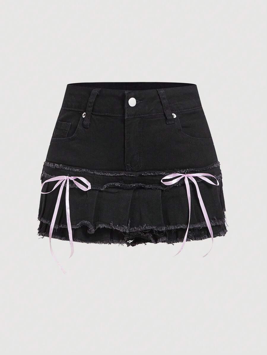 SHEIN MOD 女士休闲牛仔短裙,带蝴蝶结装饰和磨损下摆 - 黑色 - 查看 1