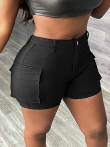 SHEIN Unity Women Solid Color Pocketed Tight Fit Denim Shorts, Summer - Black - View 4