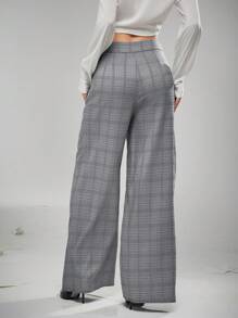 Hauture Plaid Fold Asymmetrical Wide Leg Pants - Black and White - View 4