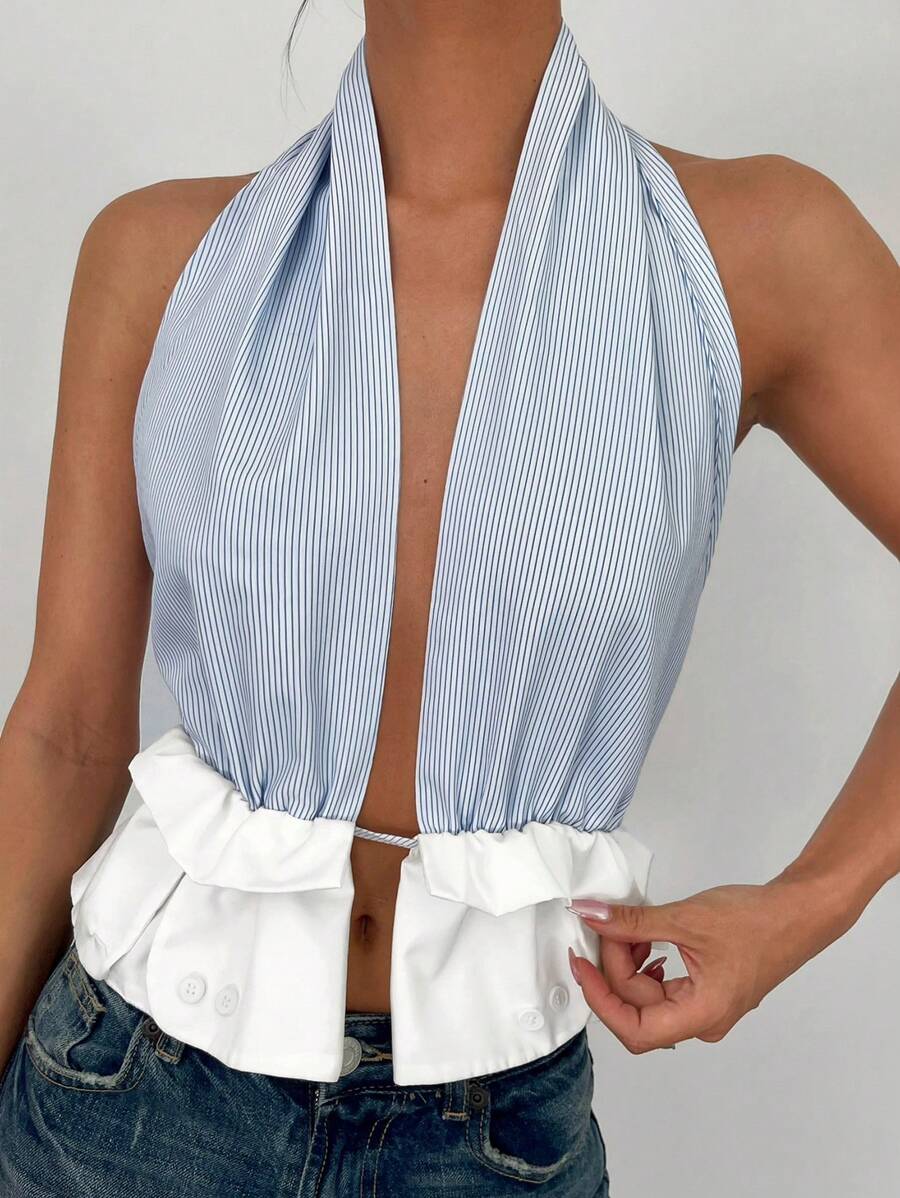 SHEIN Essnce Summer New Design Tank Top With Neck Halter Strap, Blue And White Striped, For Women - Blue - View 1