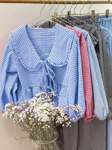 SHEIN Essnce 女士夏季宽松灯笼袖休闲可爱彼得潘领荷叶边蕾丝蓝格子衬衫上衣 - 藍白色 - 查看 6