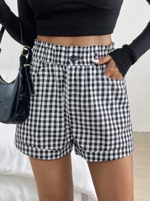 SHEIN Essnce Women's Casual Plaid High Waisted Shorts With Pockets, Summer