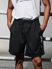 Gym Rark Pantaloni scurți sport casual pentru bărbați, stil iubit, cu imprimeu cu cordon, talie înaltă, lejer, stil iubit, pantaloni scurți negri - Negru - Vizualizare 1