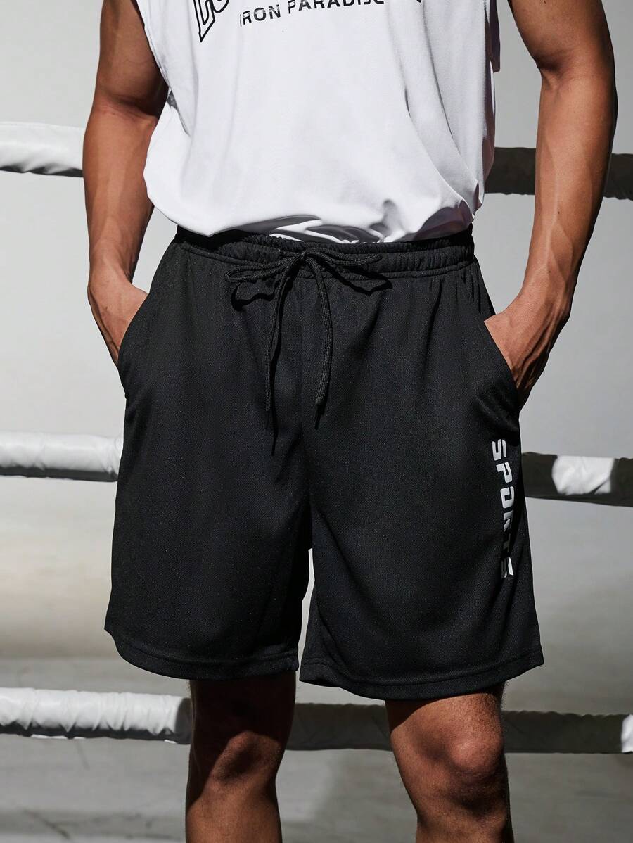 Gym Rark Pantaloni scurți sport casual pentru bărbați, stil iubit, cu imprimeu cu cordon, talie înaltă, lejer, stil iubit, pantaloni scurți negri - Negru - Vizualizare 1