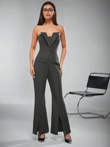 Hauture 翻领抹胸翻盖口袋开衩连体裤