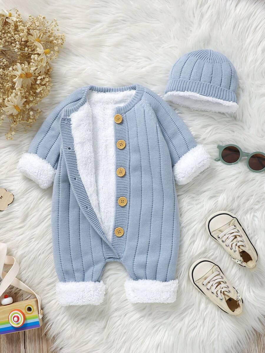 SHEIN Vintaside Kids 1pc Infant Boy Fashion Single-Breasted Long Sleeve Knitted Romper With Adorable Hat - Baby Blue - View 1