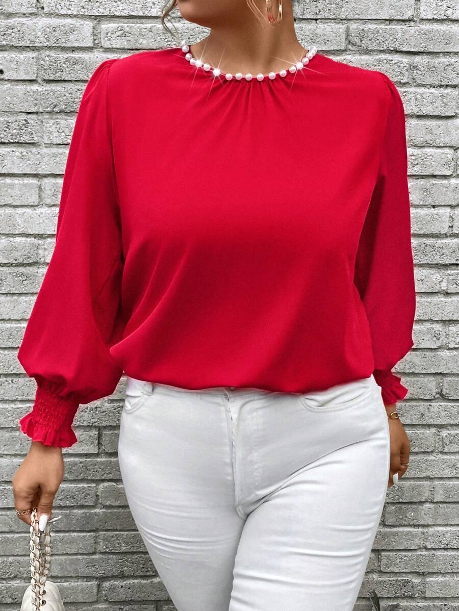 SHEIN Unity Camisa de mangas largas, de cuello redondo, de unicolor y elegante para ropa de Año Nuevo para tallas grandes - Rojo - Ver 1