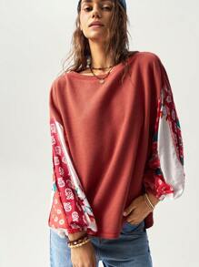 Bohemela Women's Round Neck Long Sleeve Vacation Graphic Loose Casual T-Shirt, Fall - Red - View 7