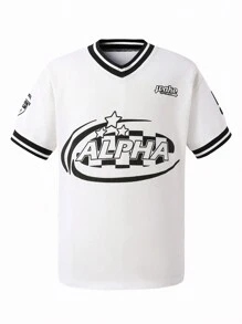 SHEIN Tween Boys Crew Neck Letter & Striped Print Short Sleeve T-Shirt - Black - View 1